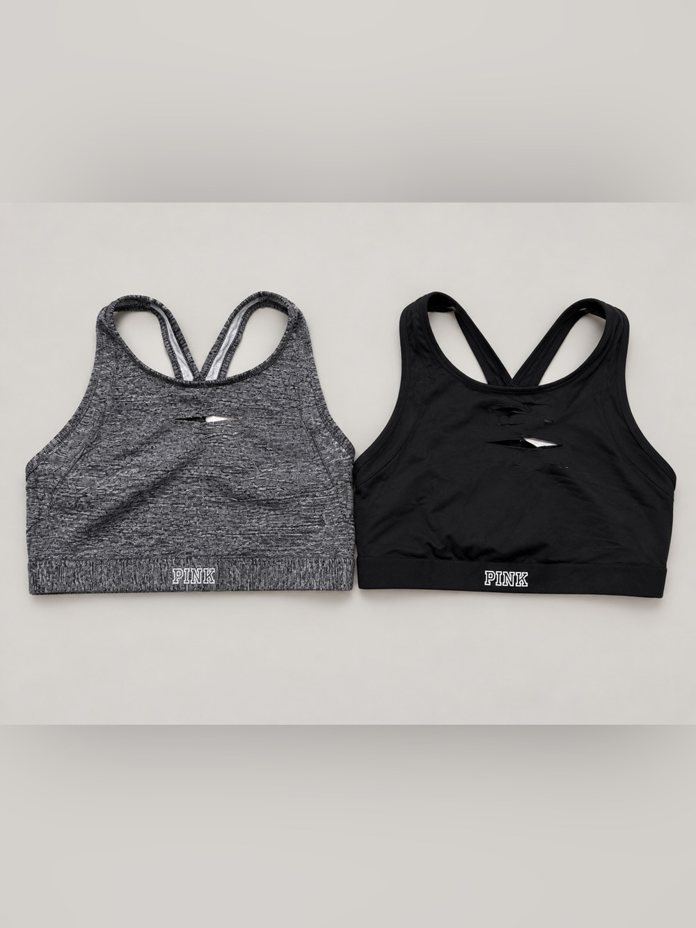 PINK Victoria's Secret Black & Charcoal Heather Strappy Sports Bras (Pair)